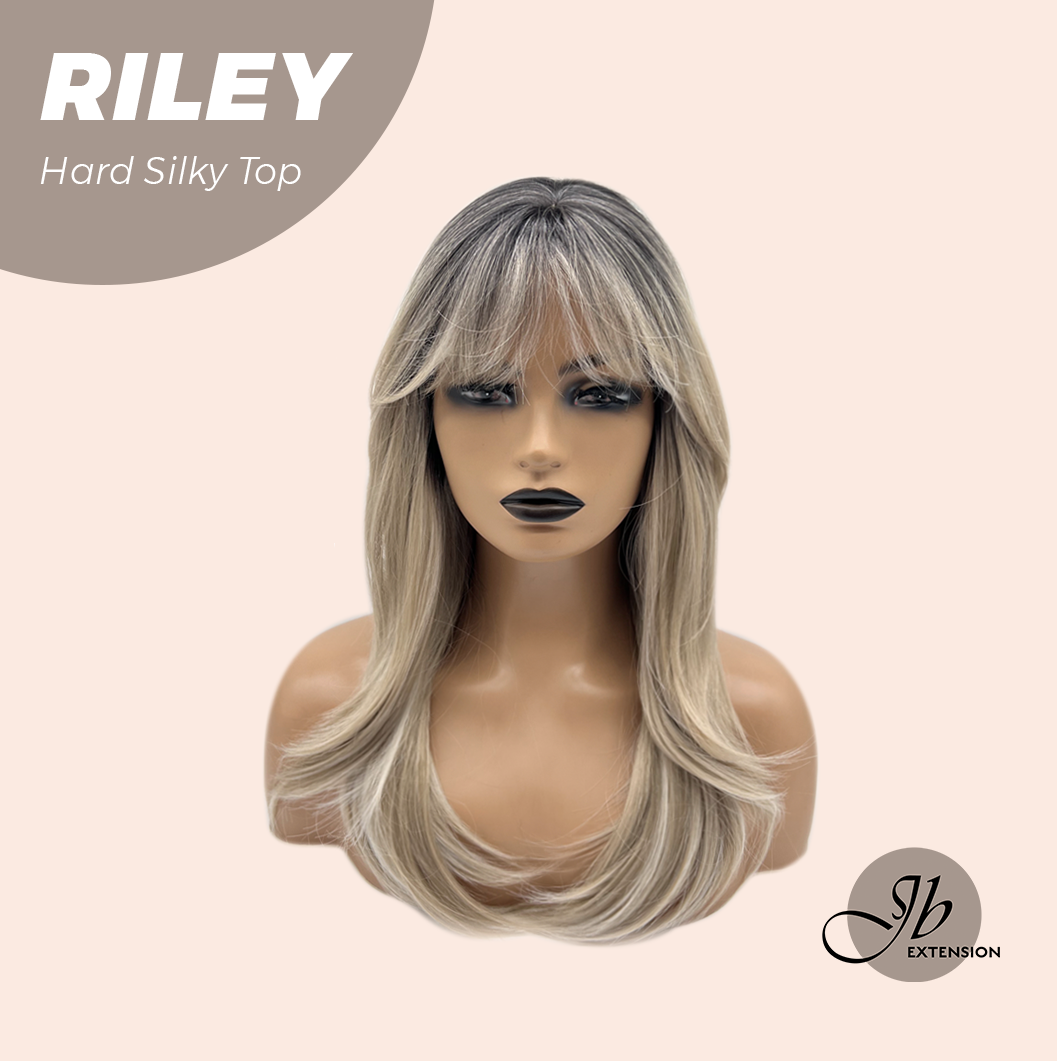 JBEXTENSION 21 Inches Scalpiana Dark Blonde with Dark Root 3.5X4 Hard Silky Top Natural Scalp Effect Wig with Bangs RILEY