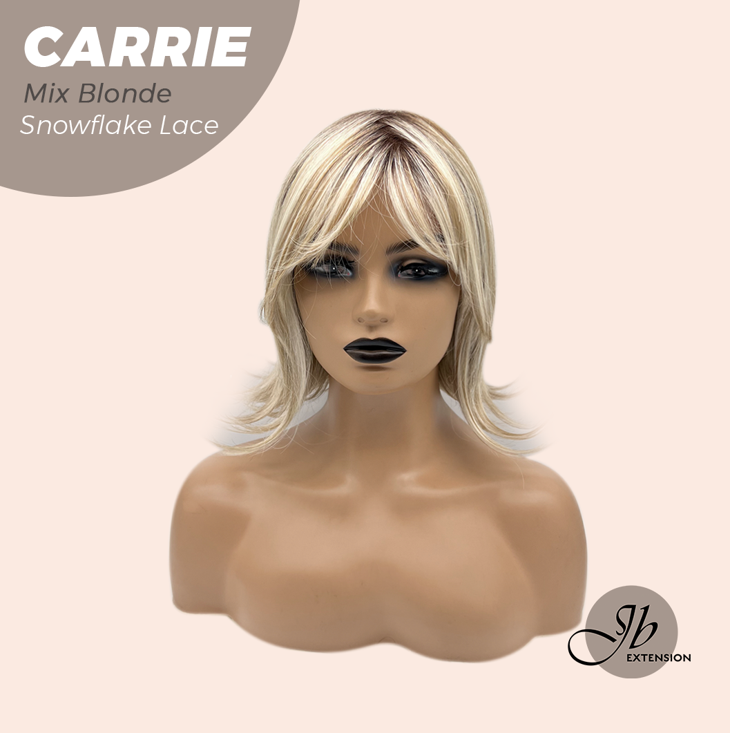 JBEXTENSION 11 Inches Short Hair Mix Blonde Pre-Cut Arc Snowflake Lace Frontlace Glueless Wig with Bangs CARRIE MIX BLONDE【BENDY EAR TABS】