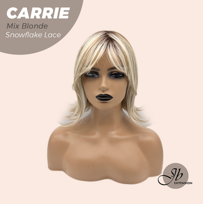 JBEXTENSION 11 Inches Short Hair Mix Blonde Pre-Cut Arc Snowflake Lace Frontlace Glueless Wig with Bangs CARRIE MIX BLONDE【BENDY EAR TABS】