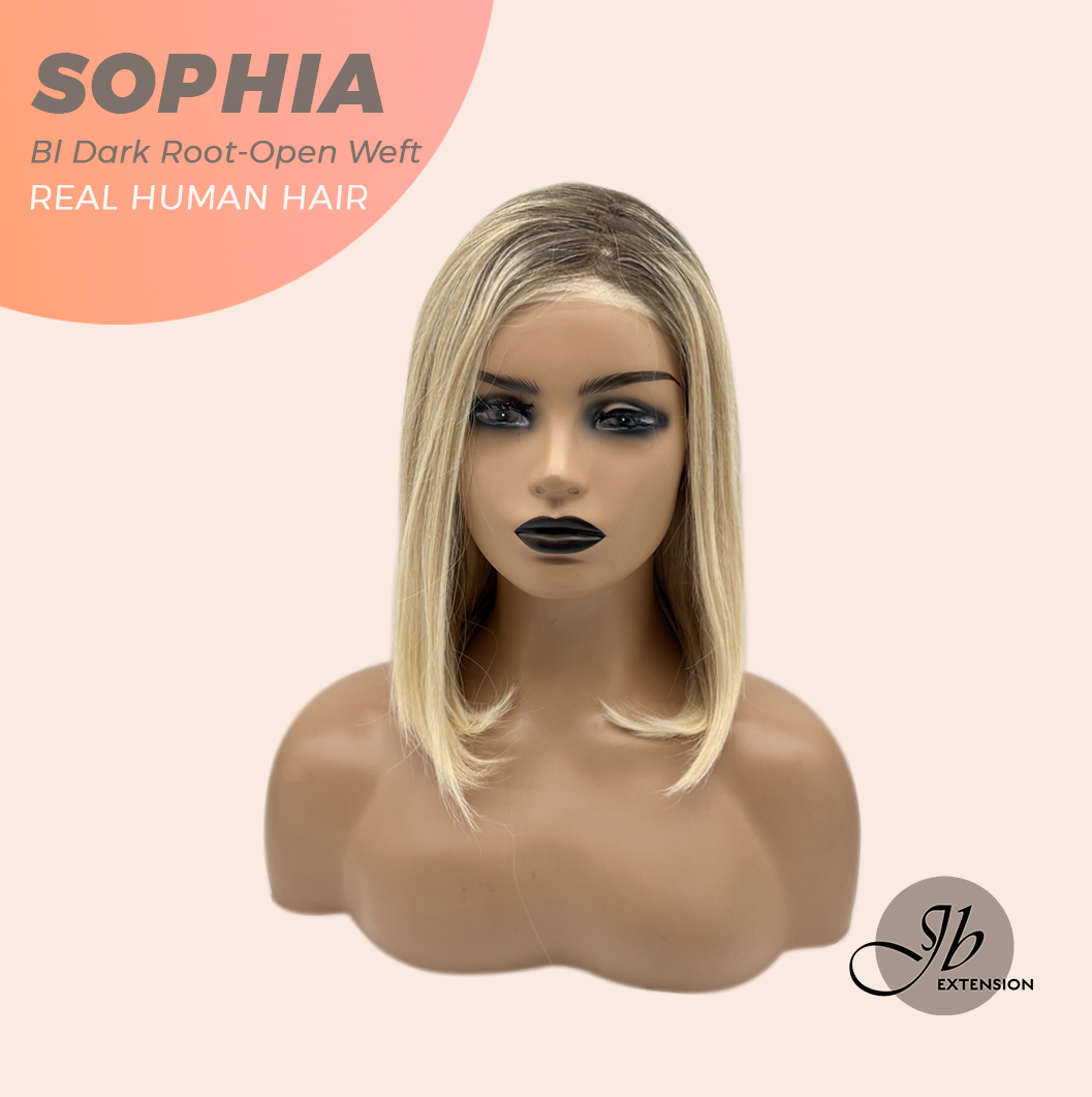 JBEXTENSION 12 Inches Blonde with Dark Root Pre-Cut Free Part Frontlace Glueless Real Human Hair Wig SOPHIA BLONDE WITH DARK ROOT - Open Weft【BENDY EAR TABS】