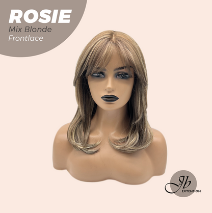 JBEXTENSION 16 Inches Mix Blonde Curly Women Pre-Cut Frontlace Glueless Wig with Bangs ROSIE MIX BLONDE