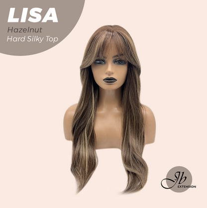 JBEXTENSION 26 Inches Scalpiana Long Curly Hazelnut 3.5X4 Hard Silky Top Natural Scalp Effect Wig with Bangs LISA HAZELNUT