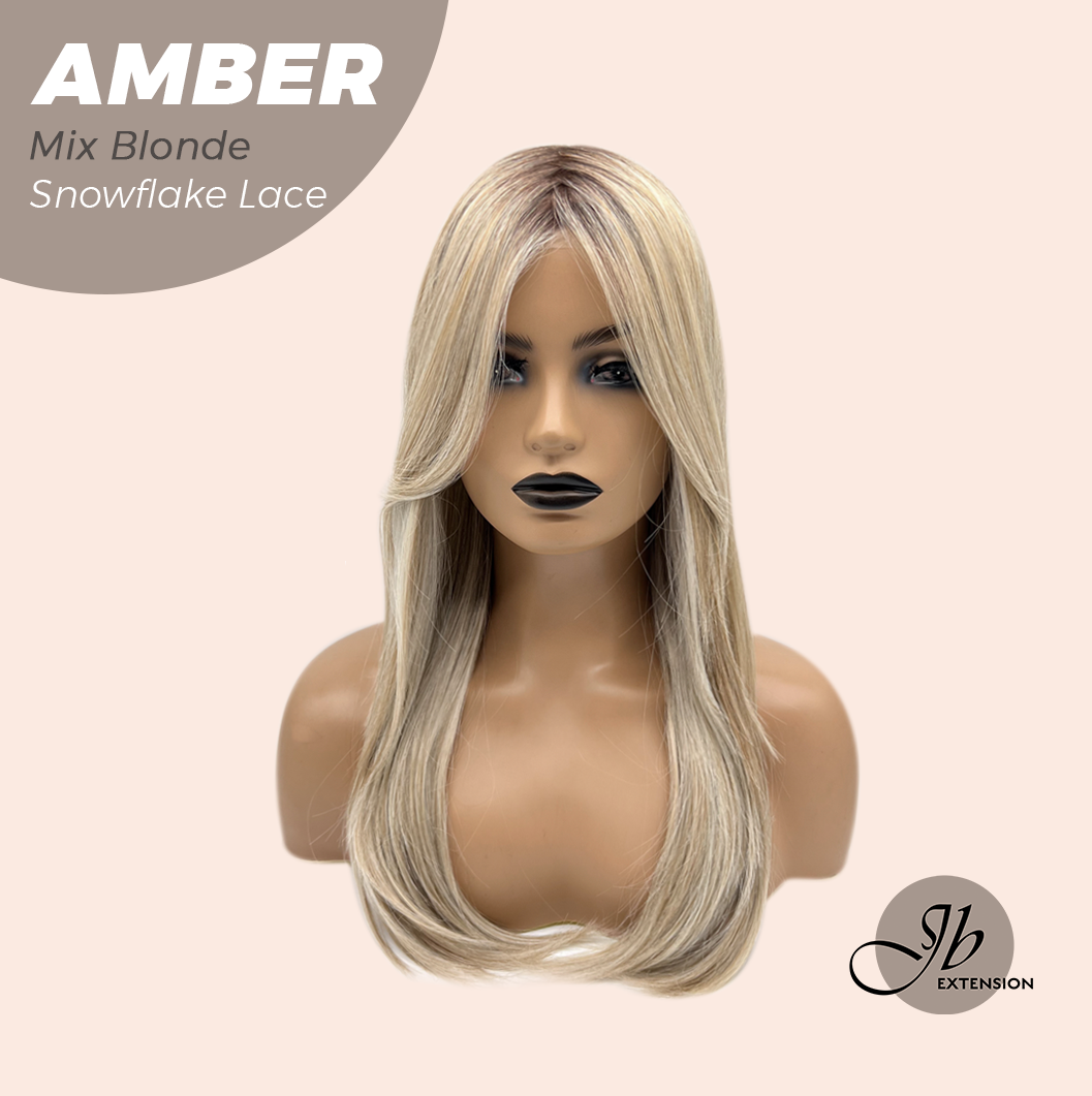 JBEXTENSION 21 Inches Straight Mix Blonde Pre-Cut Arc Snowflake Lace Frontlace Glueless Wig AMBER MIX BLONDE【BENDY EAR TABS】