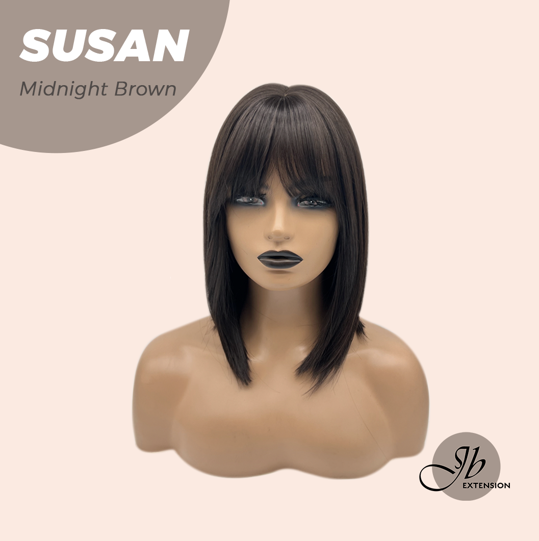 JBEXTENSION 14 Inches Short Bob Cut Midnight Brown Wig with Bangs SUSAN MIDNIGHT BROWN