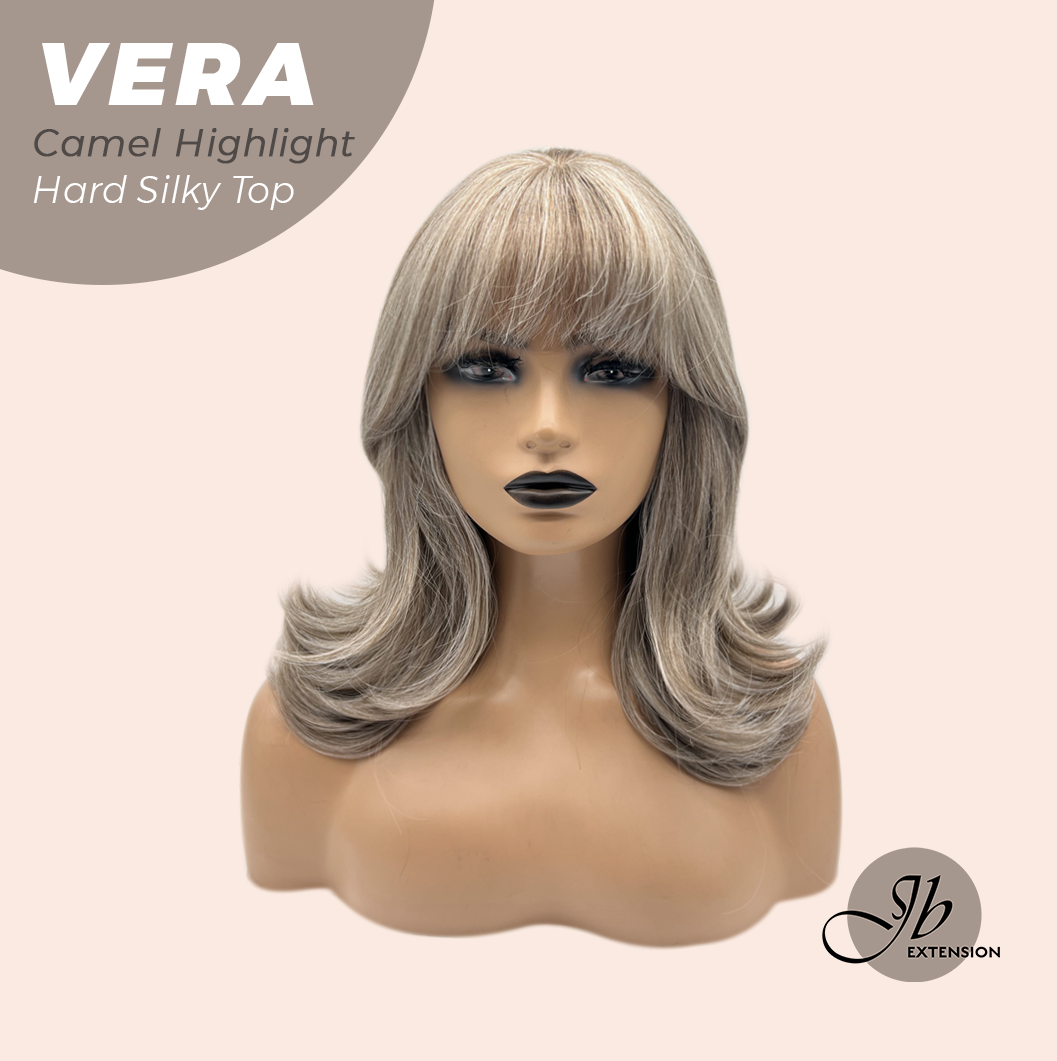 JBEXTENSION 17 Inches Scalpiana Curly Camel Highlight 3.5X4 Hard Silky Top Natural Scalp Effect Wig with Bangs VERA CAMEL HIGHLIGHT
