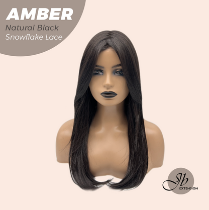 JBEXTENSION 21 Inches Straight Natural Black Pre-Cut Arc Snowflake Lace Frontlace Glueless Wig AMBER NATURAL BLACK【BENDY EAR TABS】