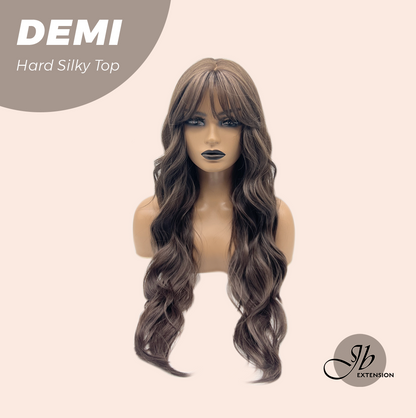 JBEXTENSION 28 Inches Scalpiana Body Wave Cold Brown 3.5X4 Hard Silky Top Natural Scalp Effect Wig with Bangs DEMI
