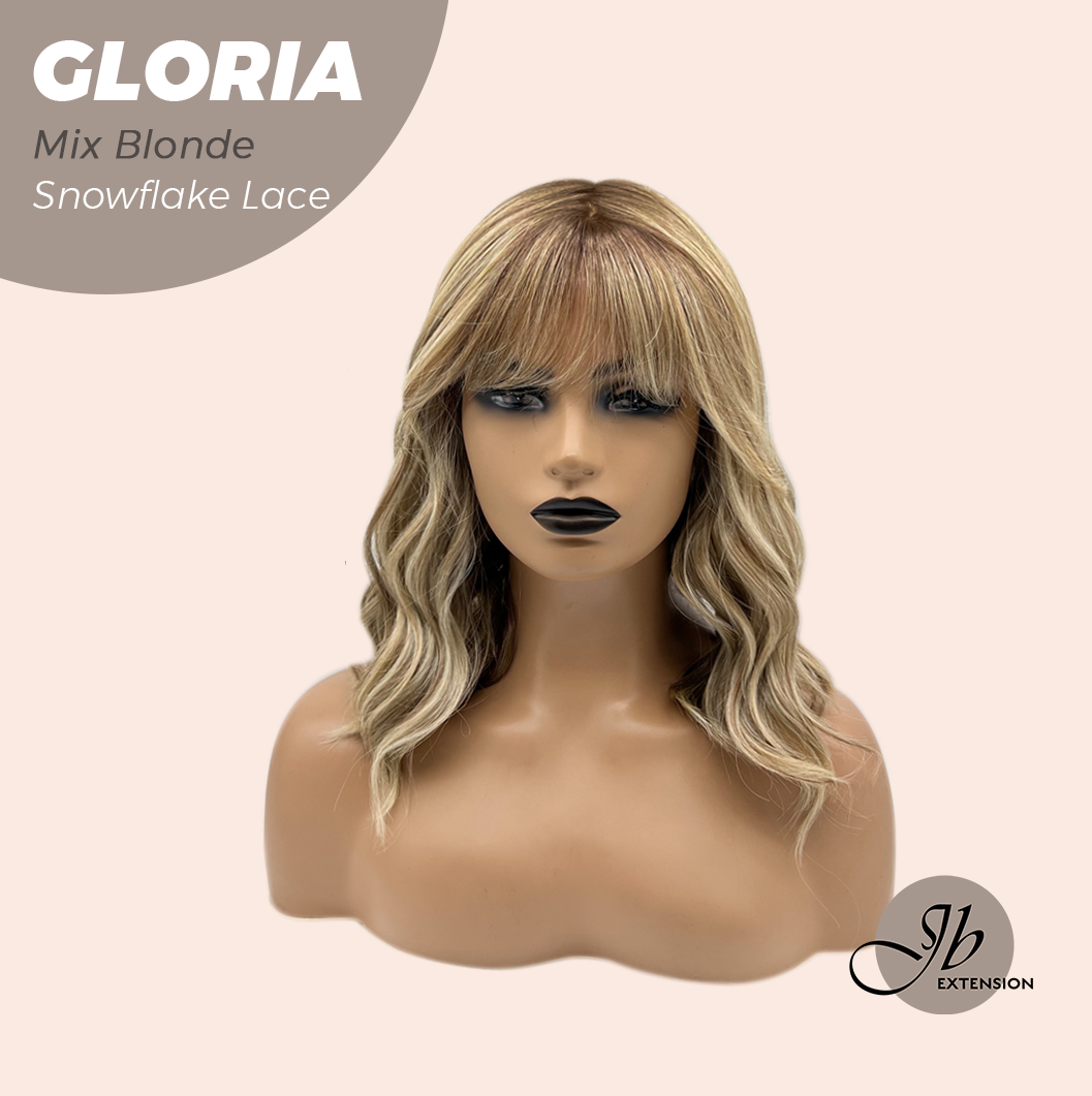 JBEXTENSION 14 Inches Curly Mix Blonde Wig with Bangs Pre-Cut Arc Snowflake Lace Frontlace Glueless Wig GLORIA MIX BLONDE【BENDY EAR TABS】