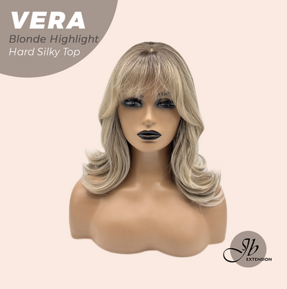 JBEXTENSION 17 Inches Scalpiana Curly Blonde Highlight 3.5X4 Hard Silky Top Natural Scalp Effect Wig with Bangs VERA BLONDE HIGHLIGHT