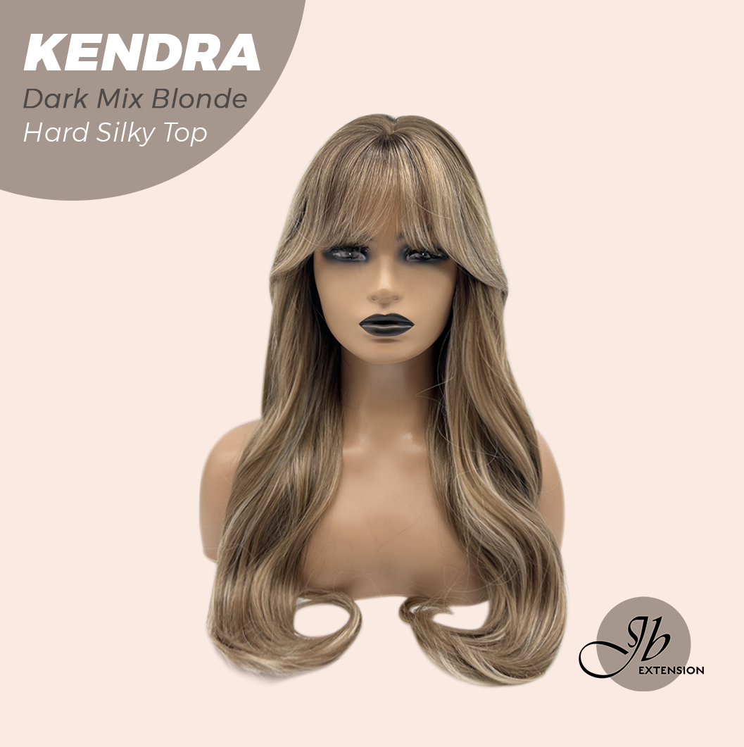 JBEXTENSION 26 Inches Scalpiana Long Curly Dark Mix Blonde 3.5X4 Hard Silky Top Natural Scalp Effect Wig with Bangs KENDRA DARK MIX BLONDE