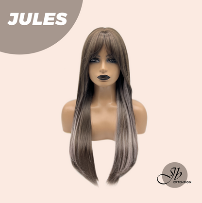JBEXTENSION 28 Inches Long Straight Brown with Smog Pink Highlight Wig with Bangs JULES