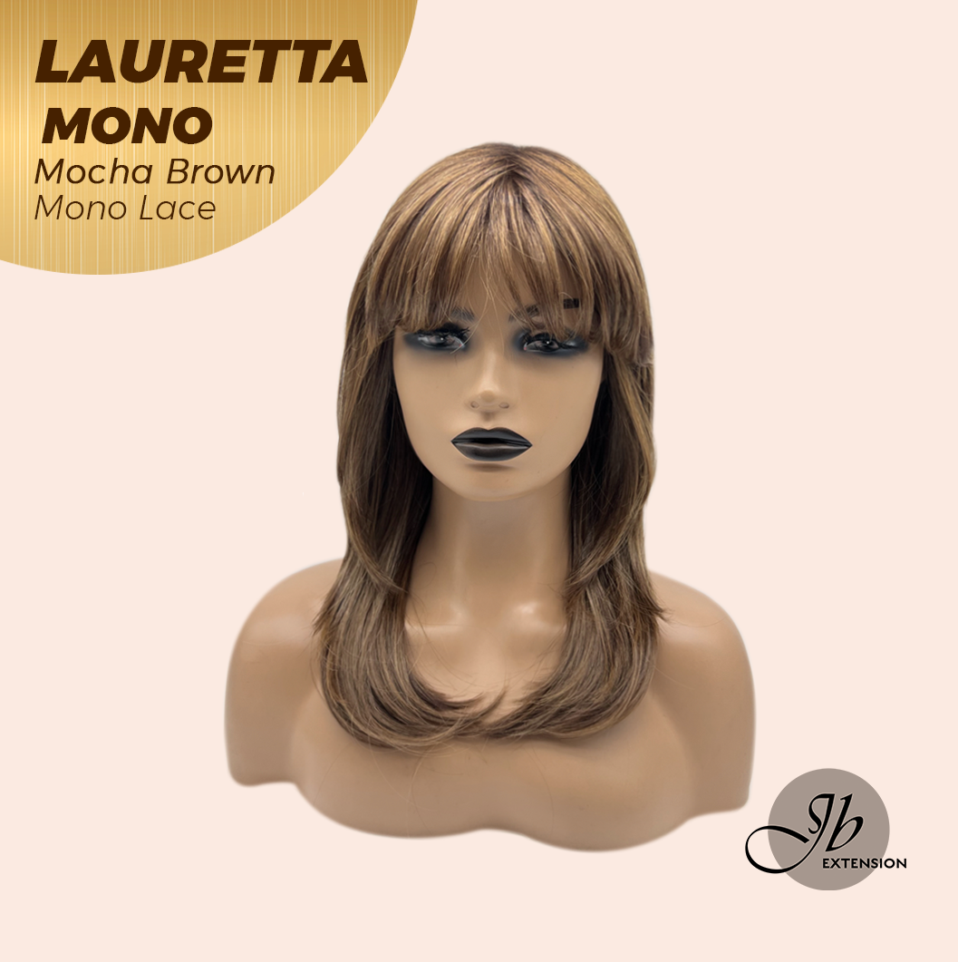 JBEXTENSION LAURETTA MONO Monofilament Handmade Wig 6X5 Full Monofilament Hand Tied Top Wig 17 Inches Mocha Brown Mono Lace Wig with Anti-slip Silicone Strips Glueless Wig LAURETTA MONO - MOCHA BROWN【BENDY EAR TABS】