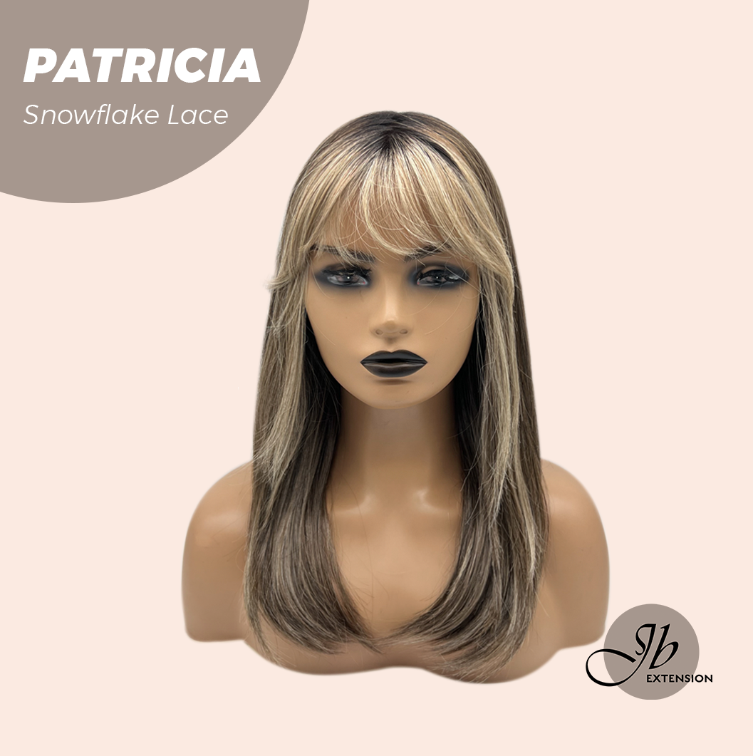 JBEXTENSION 17 Inches Dark Mix Blonde Pre-Cut Arc Snowflake Lace Frontlace Glueless Wig with Bangs PATRICIA【BENDY EAR TABS】