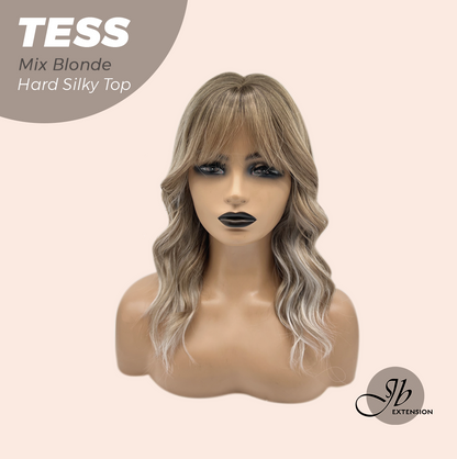 JBEXTENSION 15 Inches Scalpiana Wave Mix Blonde 3.5X4 Hard Silky Top Natural Scalp Effect Wig with Bangs TESS MIX BLONDE