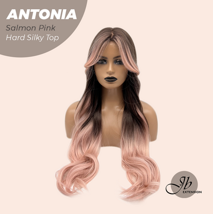 [FINAL SALE] JBEXTENSION 28 Inches Scalpiana Long Curly Salmon Pink 3.5X4 Hard Silky Top Natural Scalp Effect Wig ANTONIA SALMON PINK