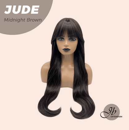 JBEXTENSION 28 Inches Long Curly Midnight Brown(Black/Brown) Wig with Bangs JUDE MIDNIGHT BROWN