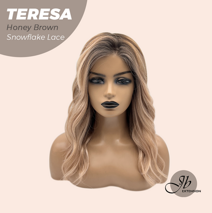 JBEXTENSION 18 Inches Honey Brown Pre-Cut Snowflake Lace Frontlace Glueless Wig TERESA HONEY BROWN【PERMATEASE】【BENDY EAR TABS】- M/L