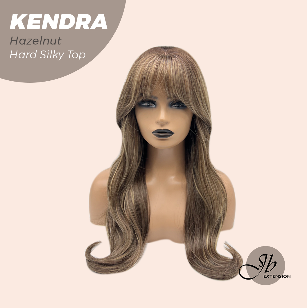 JBEXTENSION 26 Inches Scalpiana Long Curly Hazelnut 3.5X4 Hard Silky Top Natural Scalp Effect Wig with Bangs KENDRA HAZELNUT