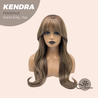 JBEXTENSION 26 Inches Scalpiana Long Curly Hazelnut 3.5X4 Hard Silky Top Natural Scalp Effect Wig with Bangs KENDRA HAZELNUT