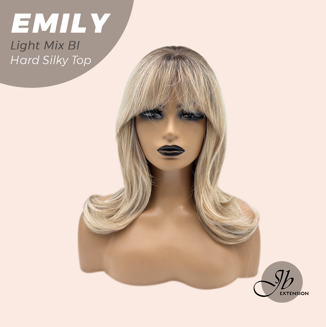 JBEXTENSION 18 Inches Scalpiana Curly Light Mix Blonde 3.5X4 Hard Silky Top Natural Scalp Effect Wig with Bangs EMILY LIGHT MIX BLONDE