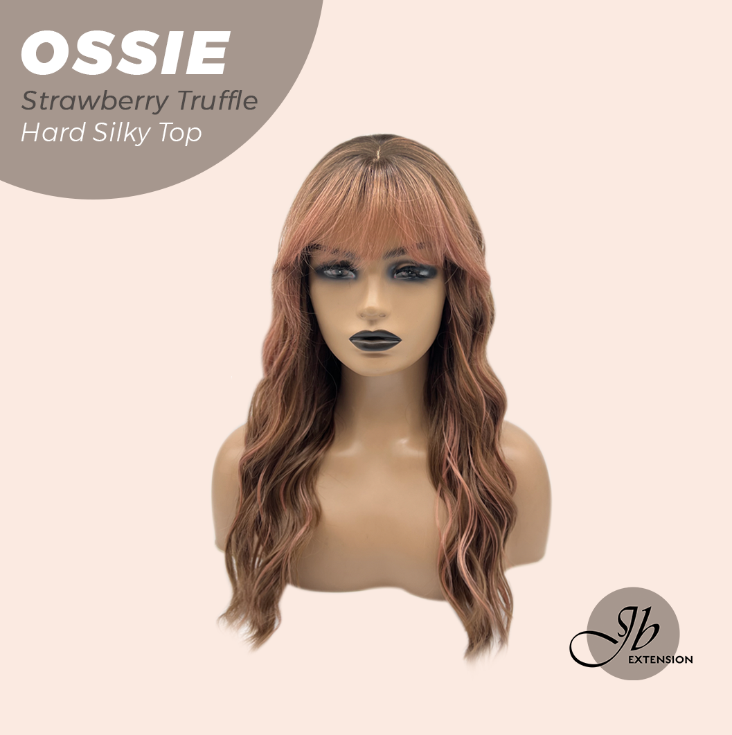 JBEXTENSION 22 Inches Scalpiana Long Wave Strawberry Truffle 3.5X4 Hard Silky Top Natural Scalp Effect Wig with Bangs OSSIE STRAWBERRY TRUFFLE