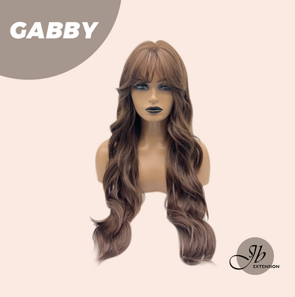 JBEXTENSION 27 Inches Long Curly Mocha Brown Wig With Bangs GABBY