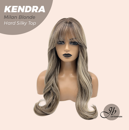 JBEXTENSION 26 Inches Scalpiana Long Curly Milan Blonde 3.5X4 Hard Silky Top Natural Scalp Effect Wig with Bangs KENDRA MILAN BLONDE
