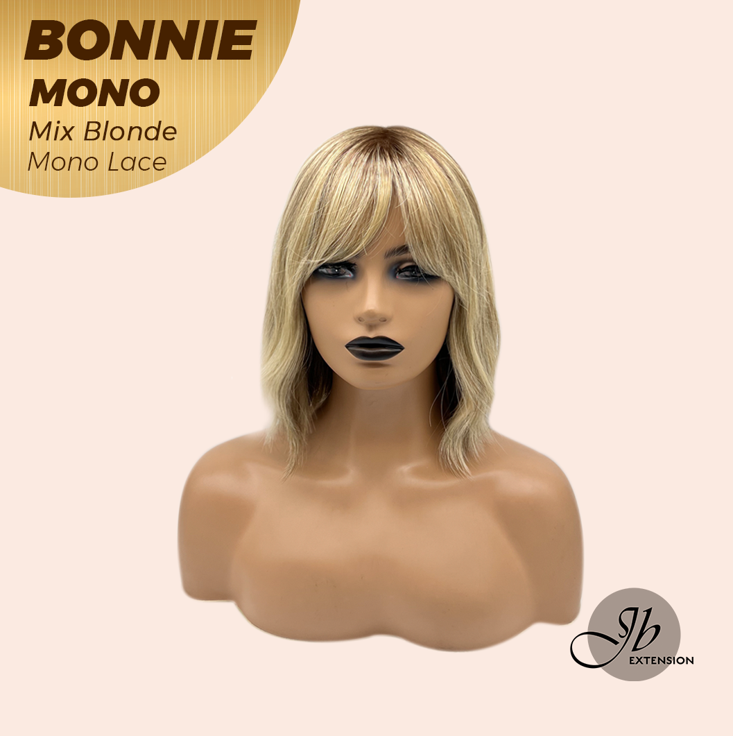 HOT OF SEASON - BONNIE MONO Full Monofilament Handmade Full Lace Full Hand Tied Wig 12 Inches Mix Blonde With Dark Root Mono Lace Handmade Futura Fiber Glueless Wig BONNIE MONO MIX BLONDE【BENDY EAR TABS】
