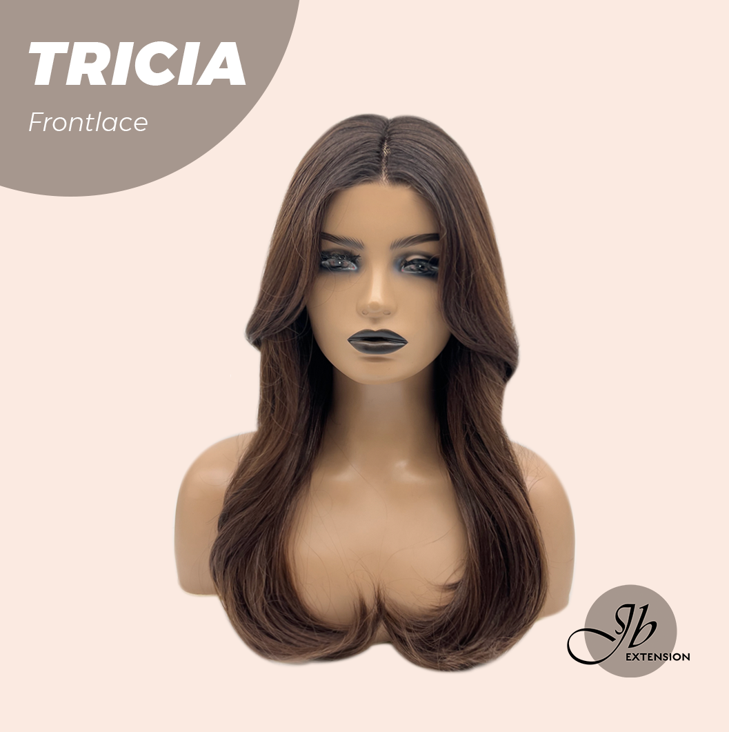 JBEXTENSION 23 Inches Curly Mocha with Dark Root Pre-Cut Frontlace Glueless Wig TRICIA LACE