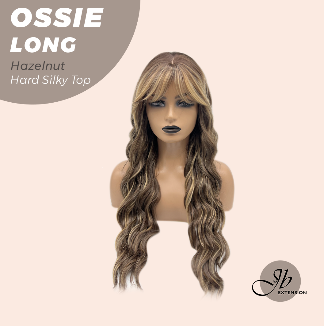 JBEXTENSION 28 Inches Scalpiana Long Wave Hazelnut 3.5X4 Hard Silky Top Natural Scalp Effect Wig with Bangs OSSIE LONG - HAZELNUT
