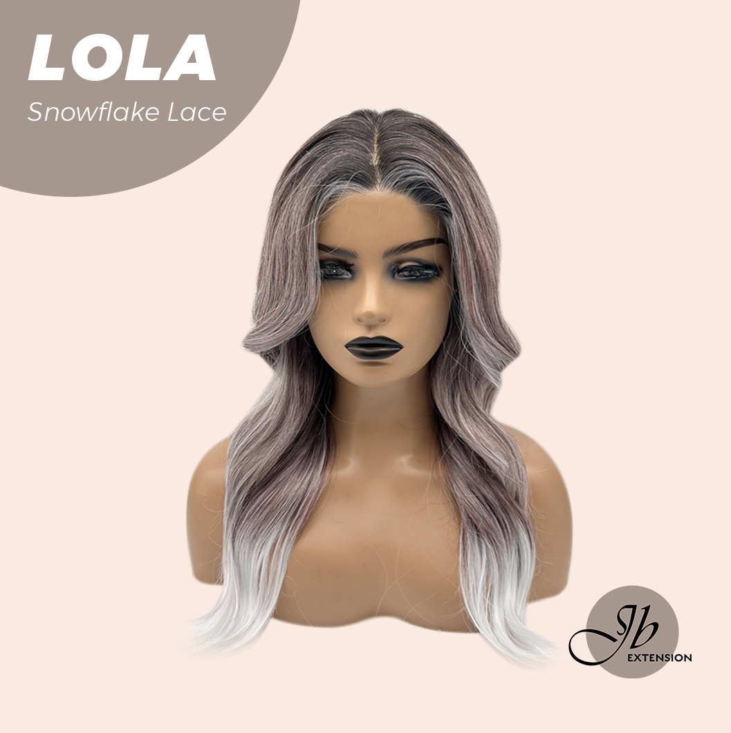 JBEXTENSION 20 Inches Curly Dark Brown with Grey Meches Hair Pre-Cut Arc Snowflake Lace Frontlace Glueless Wig LOLA SNOWFLAKE【BENDY EAR TABS】