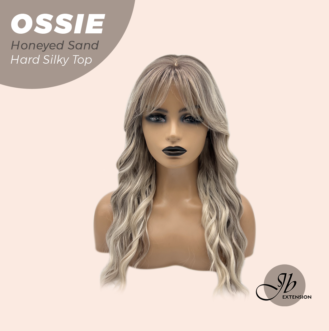 JBEXTENSION 22 Inches Scalpiana Long Wave Honeyed Sand 3.5X4 Hard Silky Top Natural Scalp Effect Wig with Bangs OSSIE HONEYED SAND