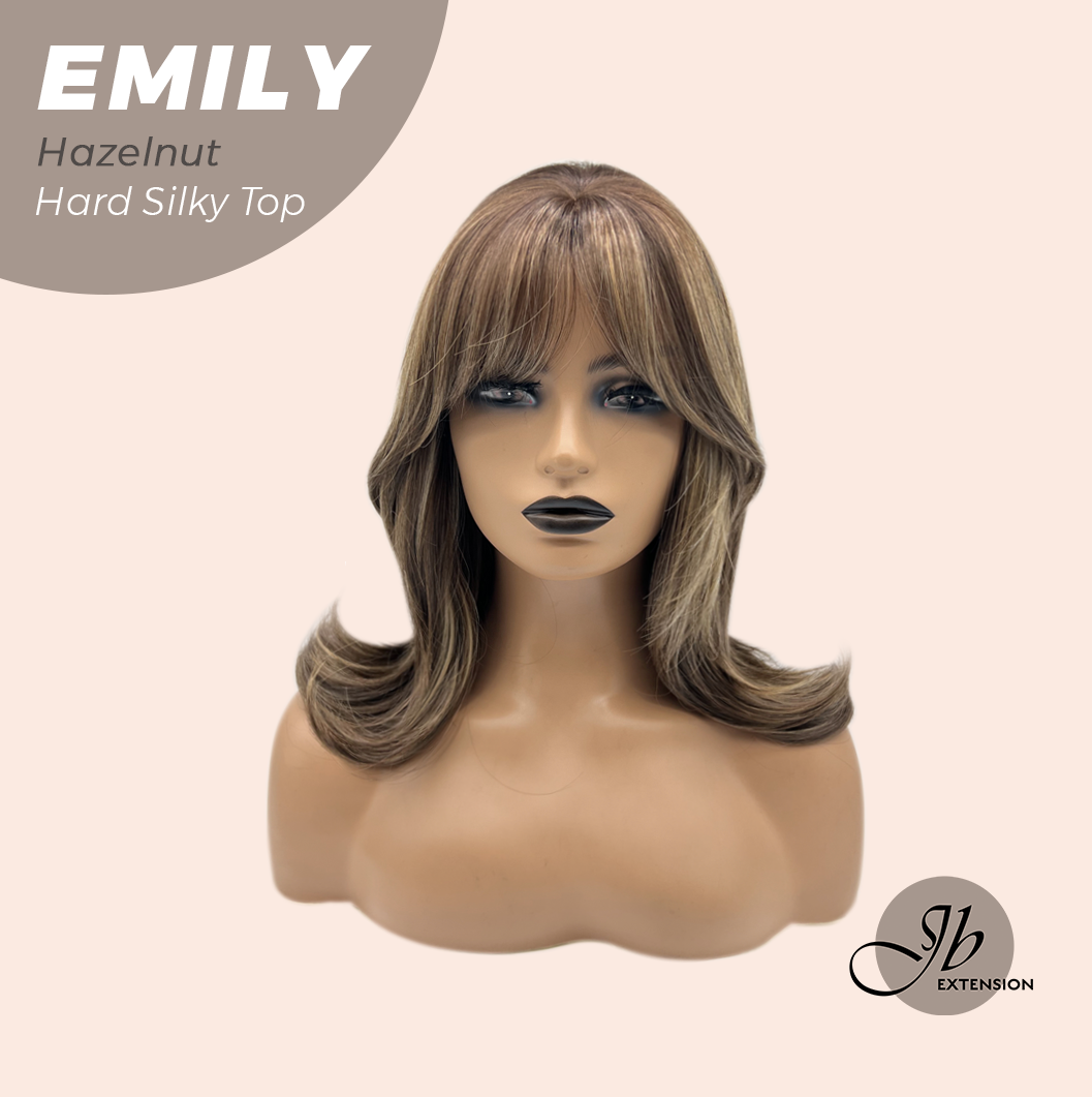 JBEXTENSION 18 Inches Scalpiana Curly Hazelnut 3.5X4 Hard Silky Top Natural Scalp Effect Wig with Bangs EMILY HAZELNUT