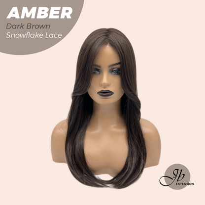 JBEXTENSION 21 Inches Straight Dark Brown Pre-Cut Arc Snowflake Lace Frontlace Glueless Wig AMBER DARK BROWN【BENDY EAR TABS】
