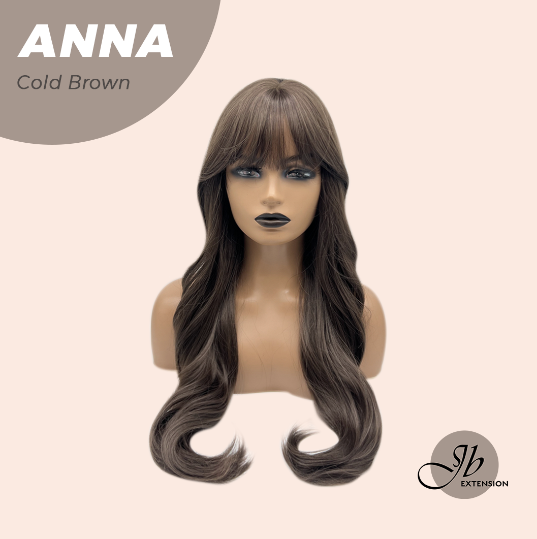 JBEXTENSION 28 Inches Long Curly Cold Brown Wig with Bangs ANNA COLD BROWN