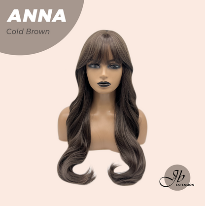 JBEXTENSION 28 Inches Long Curly Cold Brown Wig with Bangs ANNA COLD BROWN