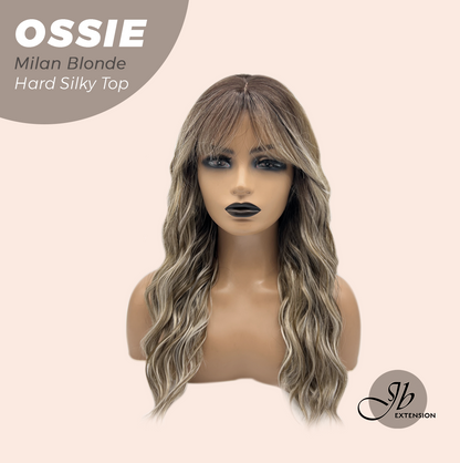 JBEXTENSION 22 Inches Scalpiana Long Wave Milan Blonde 3.5X4 Hard Silky Top Natural Scalp Effect Wig with Bangs OSSIE MILAN BLONDE