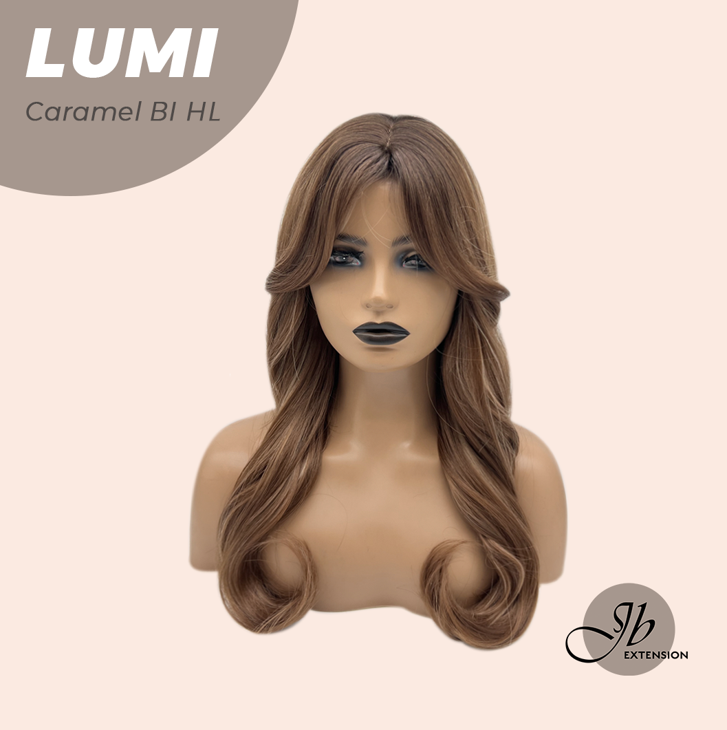 JBEXTENSION 23 Inches Curly Caramel Blonde Highlight Wig with Bangs LUMI CARAMEL BLONDE HIGHLIGHT