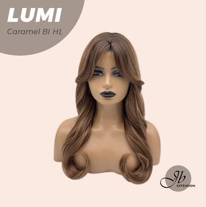 JBEXTENSION 23 Inches Curly Caramel Blonde Highlight Wig with Bangs LUMI CARAMEL BLONDE HIGHLIGHT