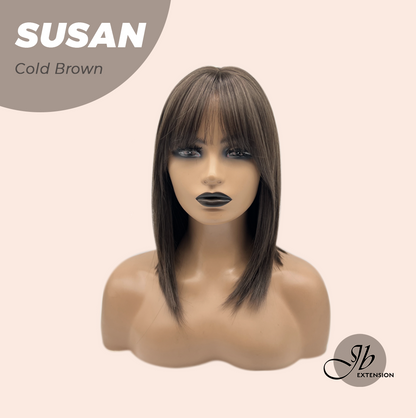 JBEXTENSION 14 Inches Short Bob Cut Cold Brown Wig with Bangs SUSAN COLD BROWN