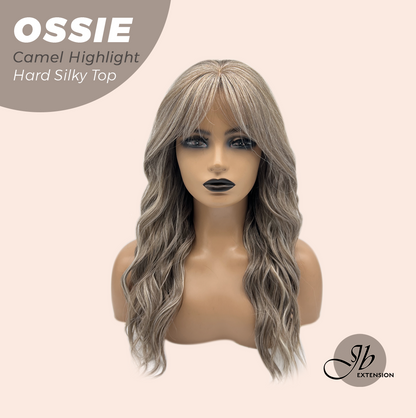 JBEXTENSION 22 Inches Scalpiana Long Wave Camel Highlight 3.5X4 Hard Silky Top Natural Scalp Effect Wig with Bangs OSSIE CAMEL HIGHLIGHT