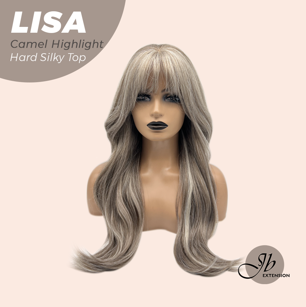 JBEXTENSION 26 Inches Scalpiana Long Curly Camel Highlight 3.5X4 Hard Silky Top Natural Scalp Effect Wig with Bangs LISA CAMEL HIGHLIGHT