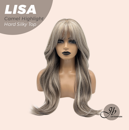 JBEXTENSION 26 Inches Scalpiana Long Curly Camel Highlight 3.5X4 Hard Silky Top Natural Scalp Effect Wig with Bangs LISA CAMEL HIGHLIGHT