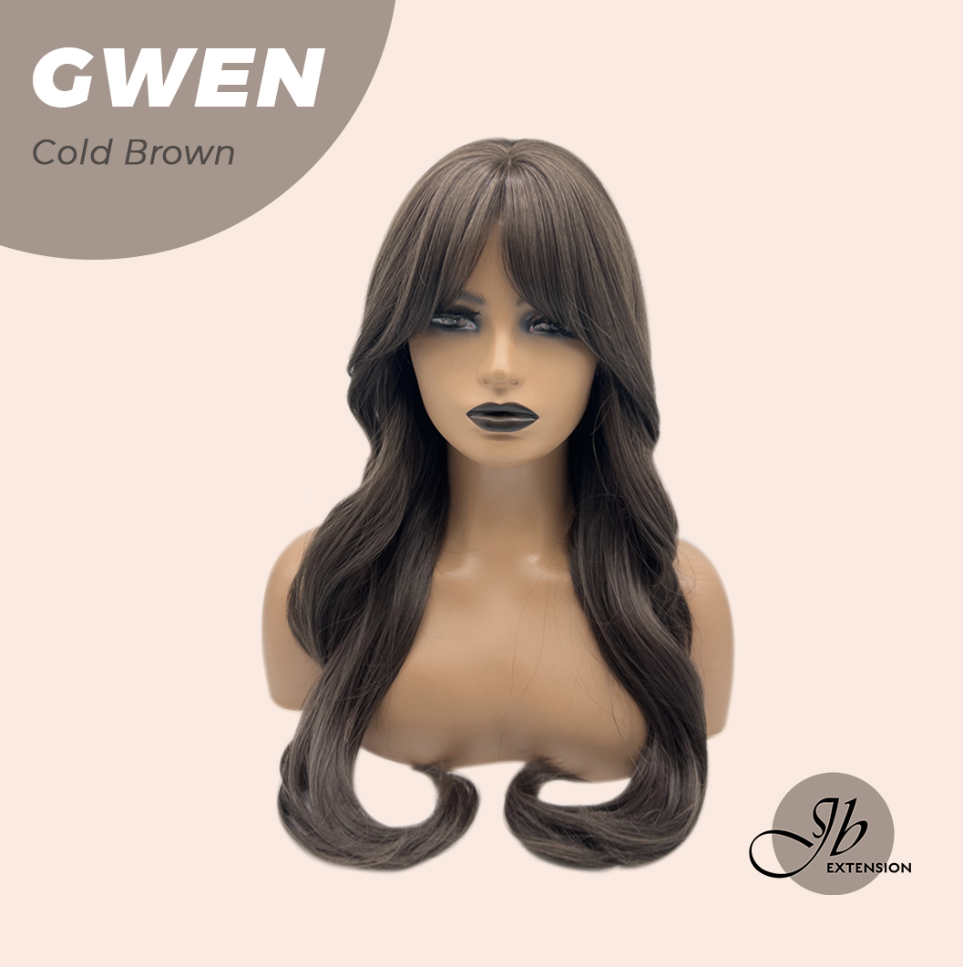 JBEXTENSION 25 Inches Long Curly Cold Brown Wig with Bangs GWEN COLD BROWN