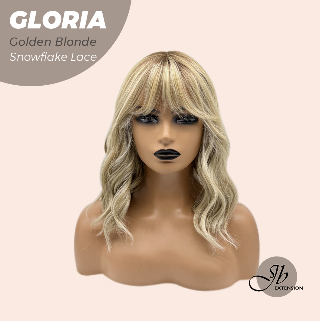 JBEXTENSION 14 Inches Curly Golden Blonde Wig with Bangs Pre-Cut Arc Snowflake Lace Frontlace Glueless Wig GLORIA GOLDEN BLONDE【BENDY EAR TABS】