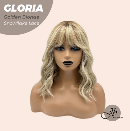 JBEXTENSION 14 Inches Curly Golden Blonde Wig with Bangs Pre-Cut Arc Snowflake Lace Frontlace Glueless Wig GLORIA GOLDEN BLONDE【BENDY EAR TABS】