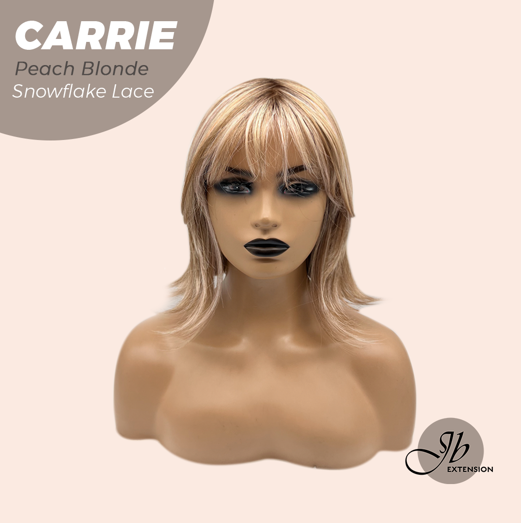 JBEXTENSION 11 Inches Short Hair Peach Blonde Pre-Cut Arc Snowflake Lace Frontlace Glueless Wig with Bangs CARRIE PEACH BLONDE【BENDY EAR TABS】