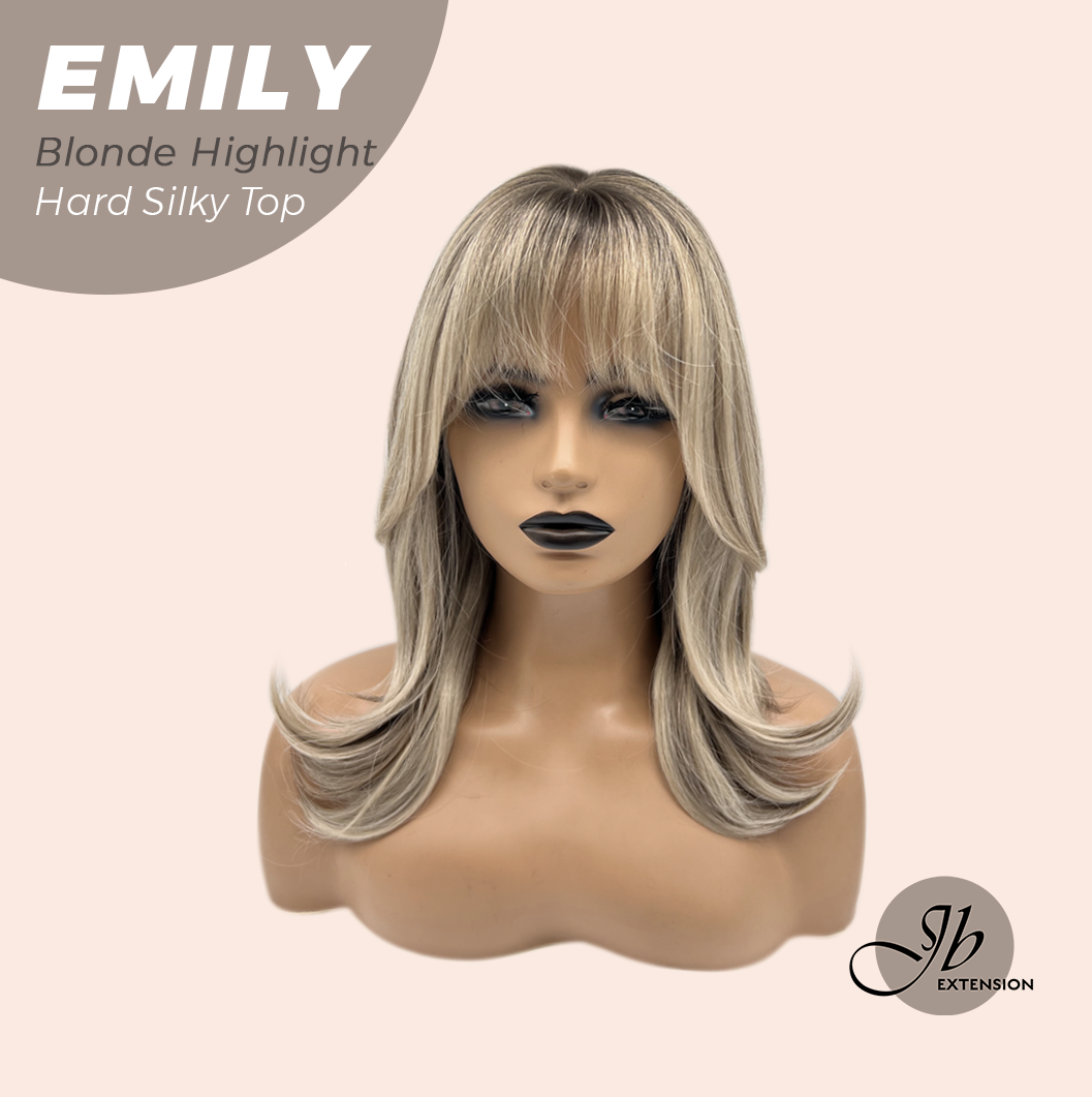 JBEXTENSION 18 Inches Scalpiana Curly Blonde Highlight 3.5X4 Hard Silky Top Natural Scalp Effect Wig with Bangs EMILY BLONDE HIGHLIGHT