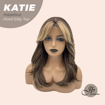 JBEXTENSION 18 Inches Scalpiana Curly Hazelnut 3.5X4 Hard Silky Top Natural Scalp Effect Wig with Bangs KATIE HAZELNUT