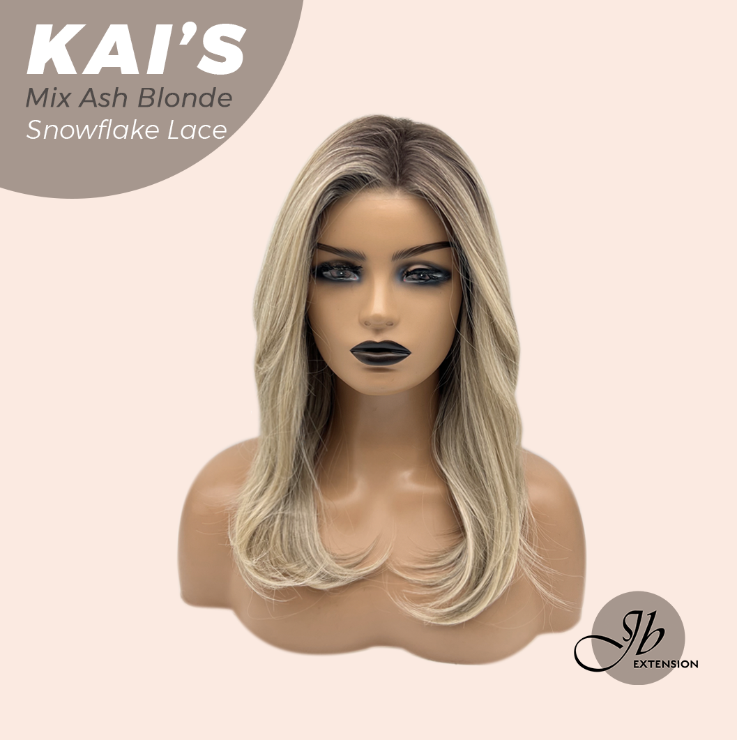JBEXTENSION 18 Inches Mix Ash Blonde Pre-Cut Snowflake Lace Frontlace Glueless Wig KAI'S MIX ASH BLONDE【PERMATEASE】【BENDY EAR TABS】- M/L